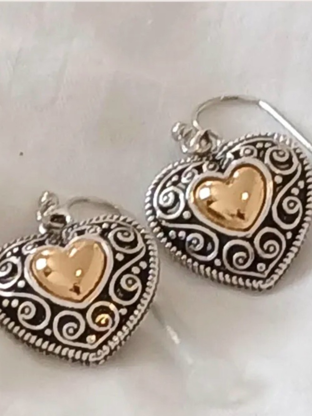 Gold Plated Heart Drop Earrings — Gold & Silver Filigree. New. - Picture 2 of 6